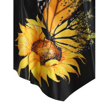 Sunflower Butterfly Print Flounce Overlay Cinched Tankini Swimwear