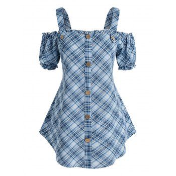 

Plus Size Checkered Print Cold Shoulder Blouse, Blue