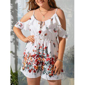 

Plus Size Floral Print Cold Shoulder Ruffle Romper, White