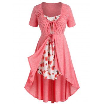 

Plus Size High Low Tie Front T Shirt with Flower Print Camisole, Light pink