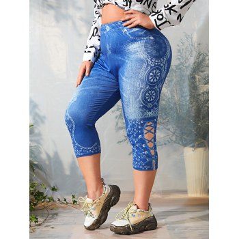 

Plus Size 3D Ethnic Pattern Capri Jeggings, Blue