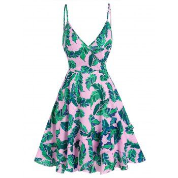 

Palm Leaves Print Overlap Cami Dress, Pink