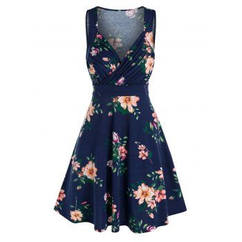 

Floral Print Sleeveless Surplice Dress, Deep blue
