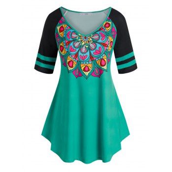 

Plus Size Colorblock V Neck Floral T Shirt, Light green