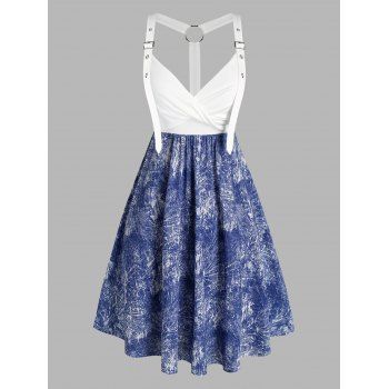 

Plus Size Denim Print Twisted Buckle Belt Ring Dress, Blue