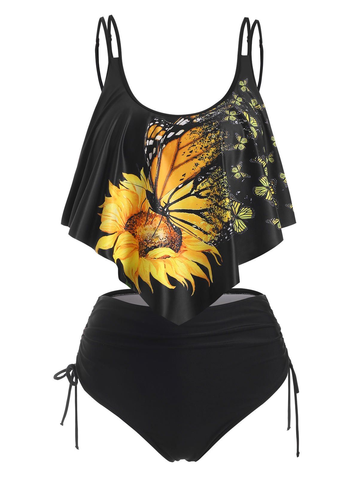 Sunflower Butterfly Print Flounce Overlay Cinched Tankini Swimwear - BLACK S