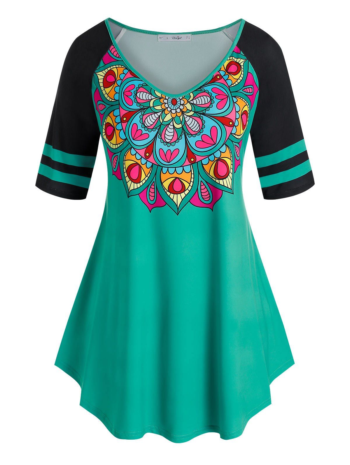 Plus Size Colorblock V Neck Floral T Shirt - LIGHT GREEN 4X