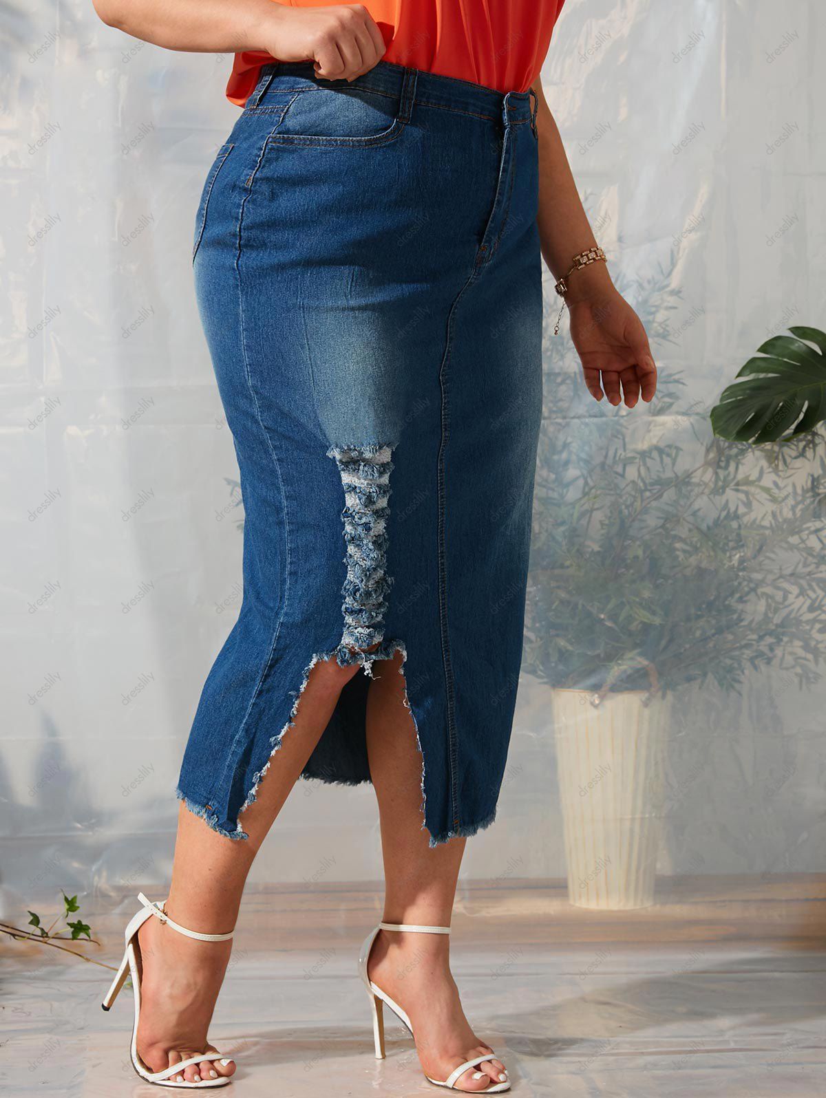 [47% OFF] 2022 Ripped Frayed Hem Asymmetrical Plus Size Denim Skirt In ...