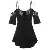T-shirt Fleur en Dentelle Insérée à Epaule Dénudée à Volants - Noir M
