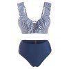 Plus Size Ruffle Striped Ruched Detail High Waist Bikini Swimwear - DEEP BLUE 5X