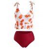 Tummy Control Tankini Swimwear Strawberry Print Tied Shoulder Ruched Peplum Summer Beach Swimsuit - DEEP RED XXL