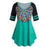 T-shirt Fleuri en Blocs de Couleurs de Grande Taille à Col V - Vert clair 1X