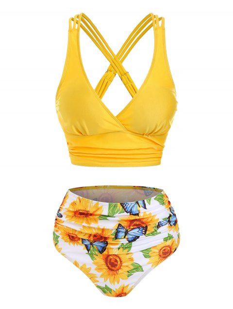 Tummy Control Bikini Swimsuit Bright Color Sunfower Print Full Coverage Ruched Beach Swimwear