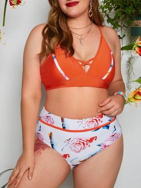 Plus Size Flower Print Padded Criss-cross Bikini Set