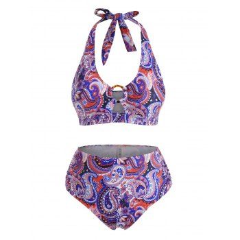 Plus Size Paisley Print Halter O-ring Ruched High Waist Bikini Swimwear Swimsuit Beachwear 4x Light purple