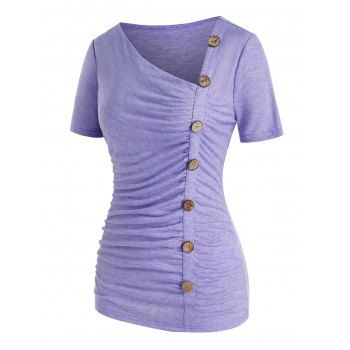 

Plus Size Buttons Skew Neck Asymmetric T Shirt, Purple