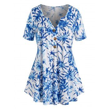 

Plus Size Mock Button Tie Dye V Notched T Shirt, Blue