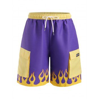

Contrast Flame Print Casual Shorts, Purple amethyst