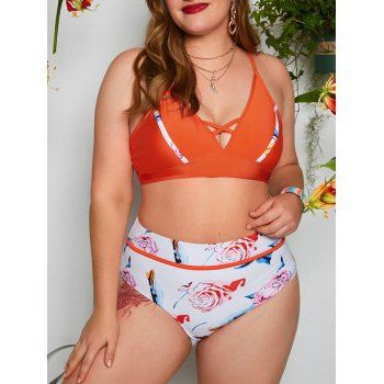 

Plus Size Flower Print Padded Criss-cross Bikini Set, Multicolor