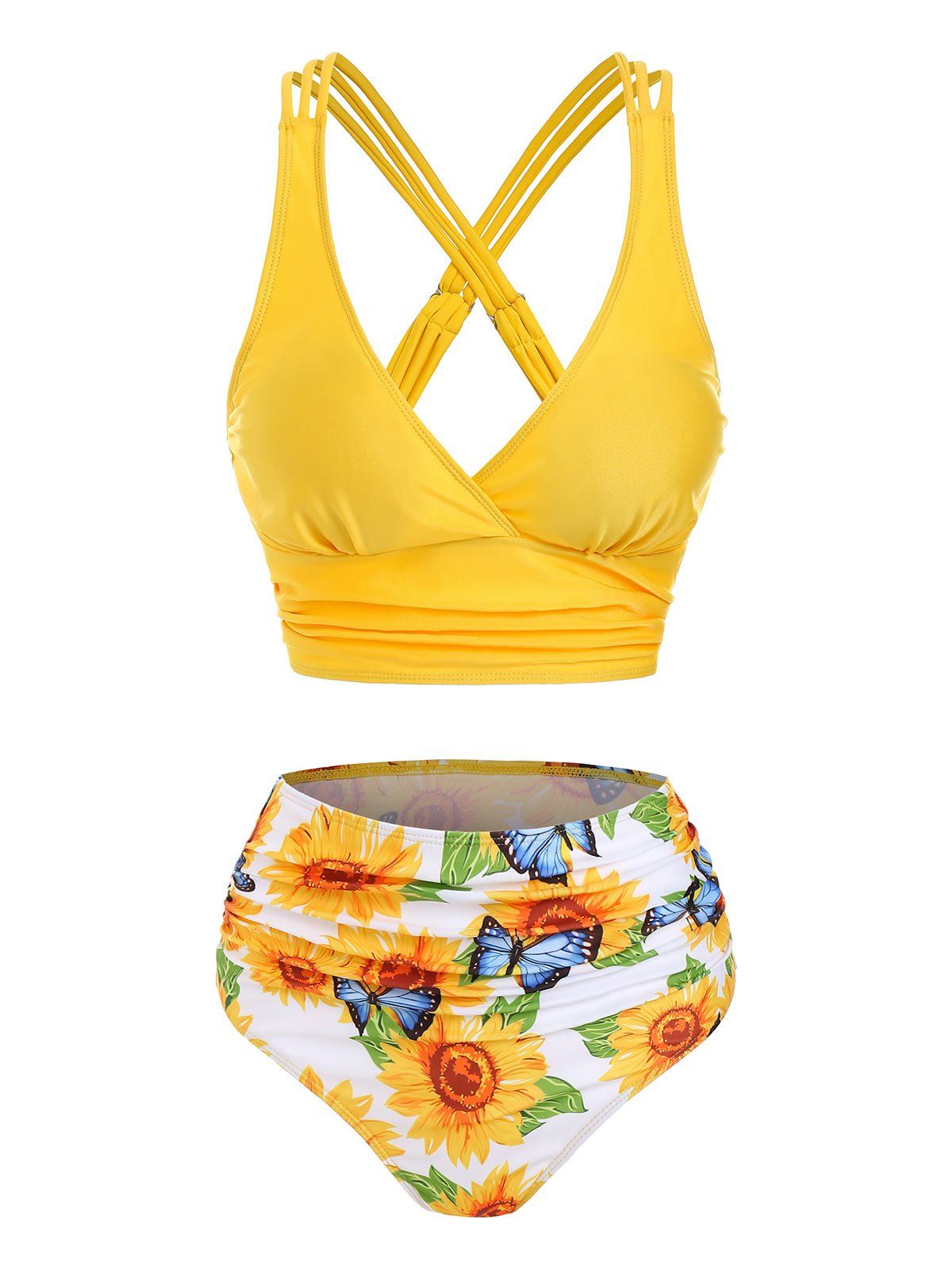 Tummy Control Bikini Swimsuit Bright Color Sunfower Print Full Coverage Ruched Beach Swimwear - YELLOW XXXL