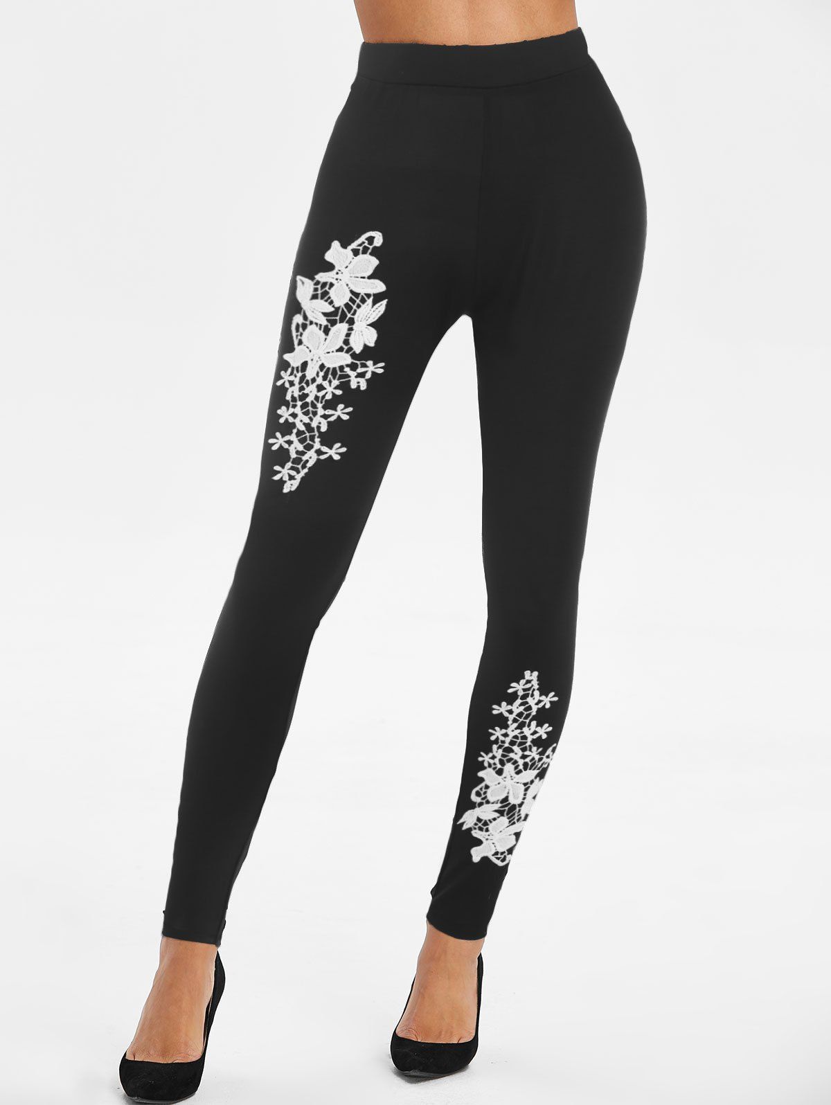 Flower Lace Panel Skinny Leggings - BLACK M