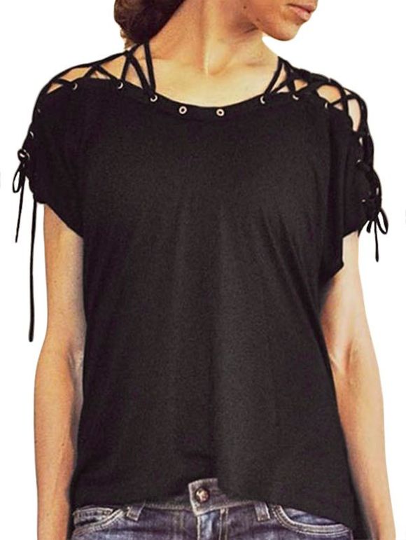 T-shirt Haut Bas Détaillé à Lacets - Noir XL