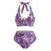 Maillot de Bain Bikini à Imprimé Cachemire Anneau en O de Grande Taille à Volants à Col Halter - Violet clair 3X