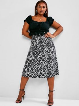 Plus Size Cinched Ruched Ditsy Print Two Piece Dress