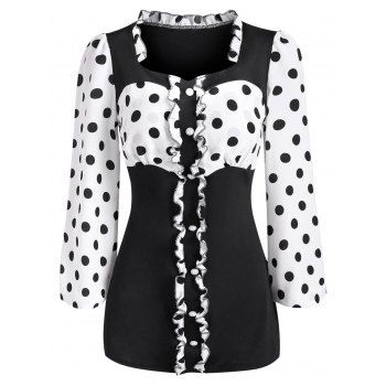 

Polka Dot Ruffle Mock Button T Shirt, Black