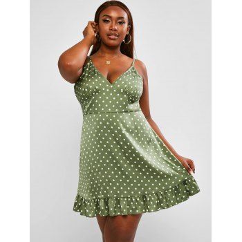 

Plus Size Polka Dot Ruffled Hem Cami Dress, Green