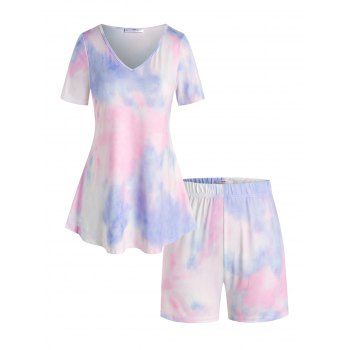 

Plus Size Tie Dye V Neck Lounge Shorts Set, Multicolor