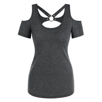 

Cold Shoulder Harness Cut Out Heathered T-shirt, Gray
