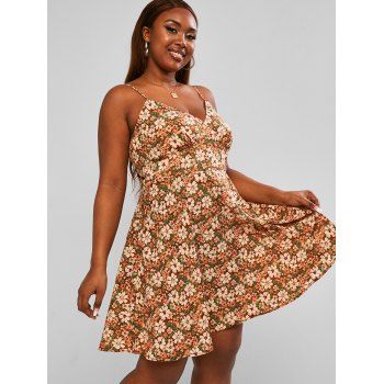 

Plus Size Retro Flower Print Knot Back Dress, Light coffee