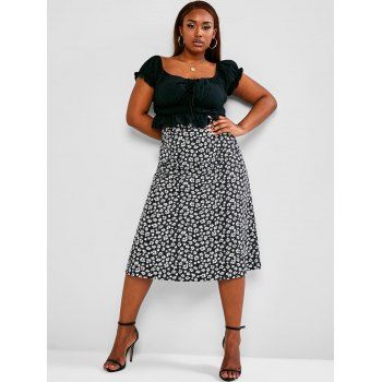 

Plus Size Cinched Ruched Ditsy Print Two Piece Dress, Black