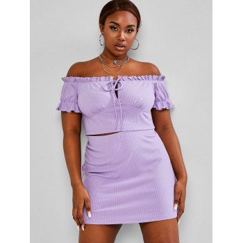 

Plus Size Ribbed Off Shoulder Two Piece Skirt Dress, Light purple