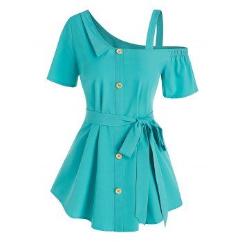 

Mock Button Belted Blouse, Light blue