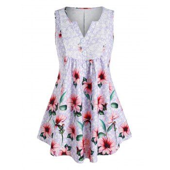 

Plus Size Flower Print Lace Panel Mock Button Sleeveless Blouse, Light purple