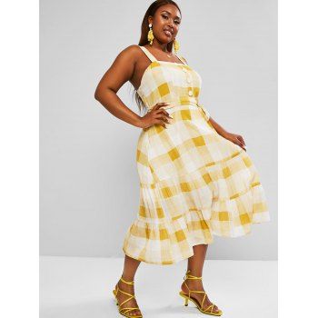 

Plus Size Plaid Belted Tiered Dress, Light yellow