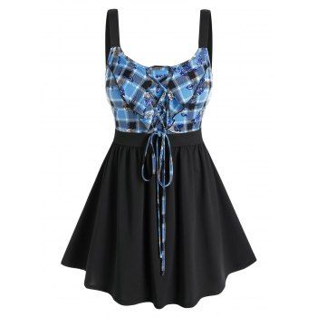 

Plus Size Lace Up Plaid Floral Printed Tank Top, Multicolor