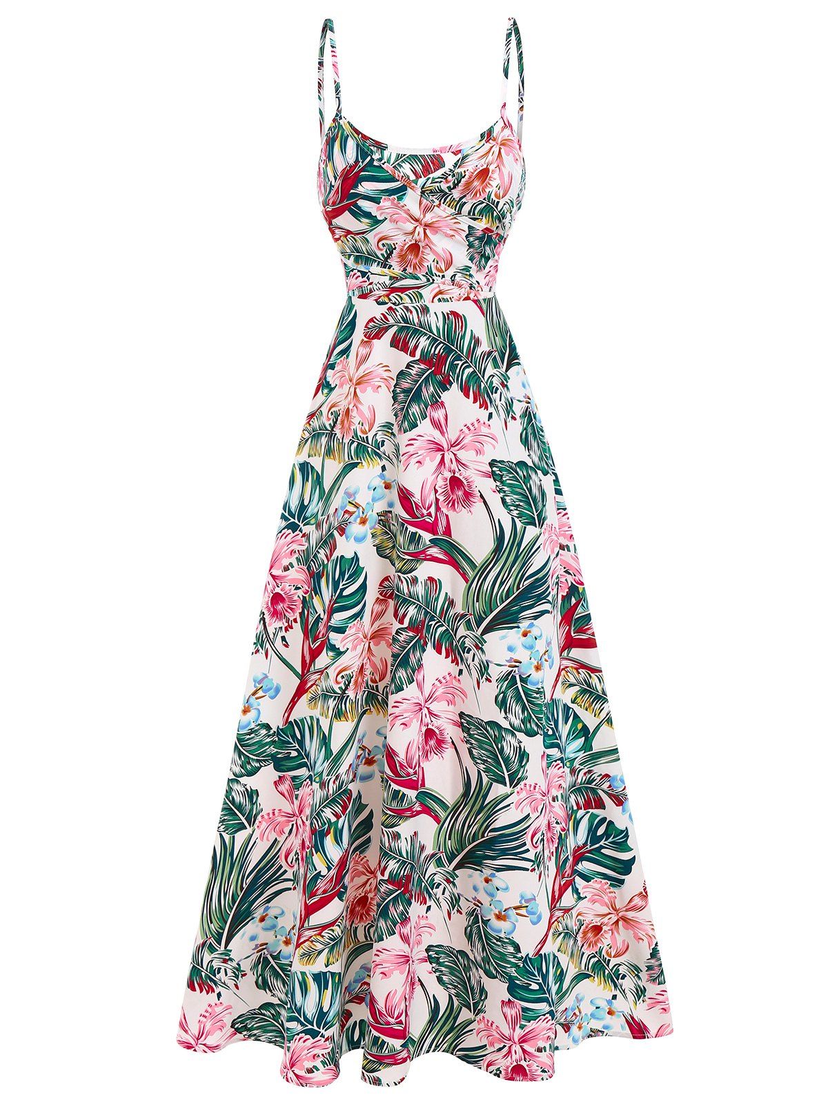 Tropical Sundress Allover Leaf Flower Print Cross Long Cami Beach Dress - WHITE M