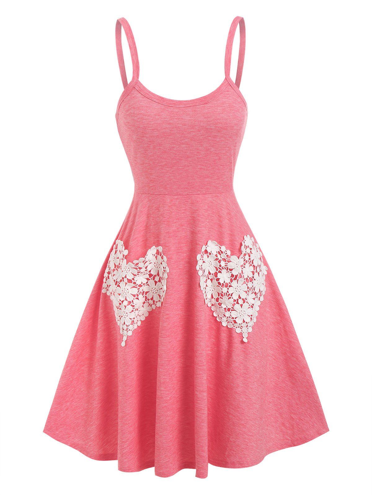 Flower Heart Lace Pockets Cami Dress - LIGHT PINK XXXL
