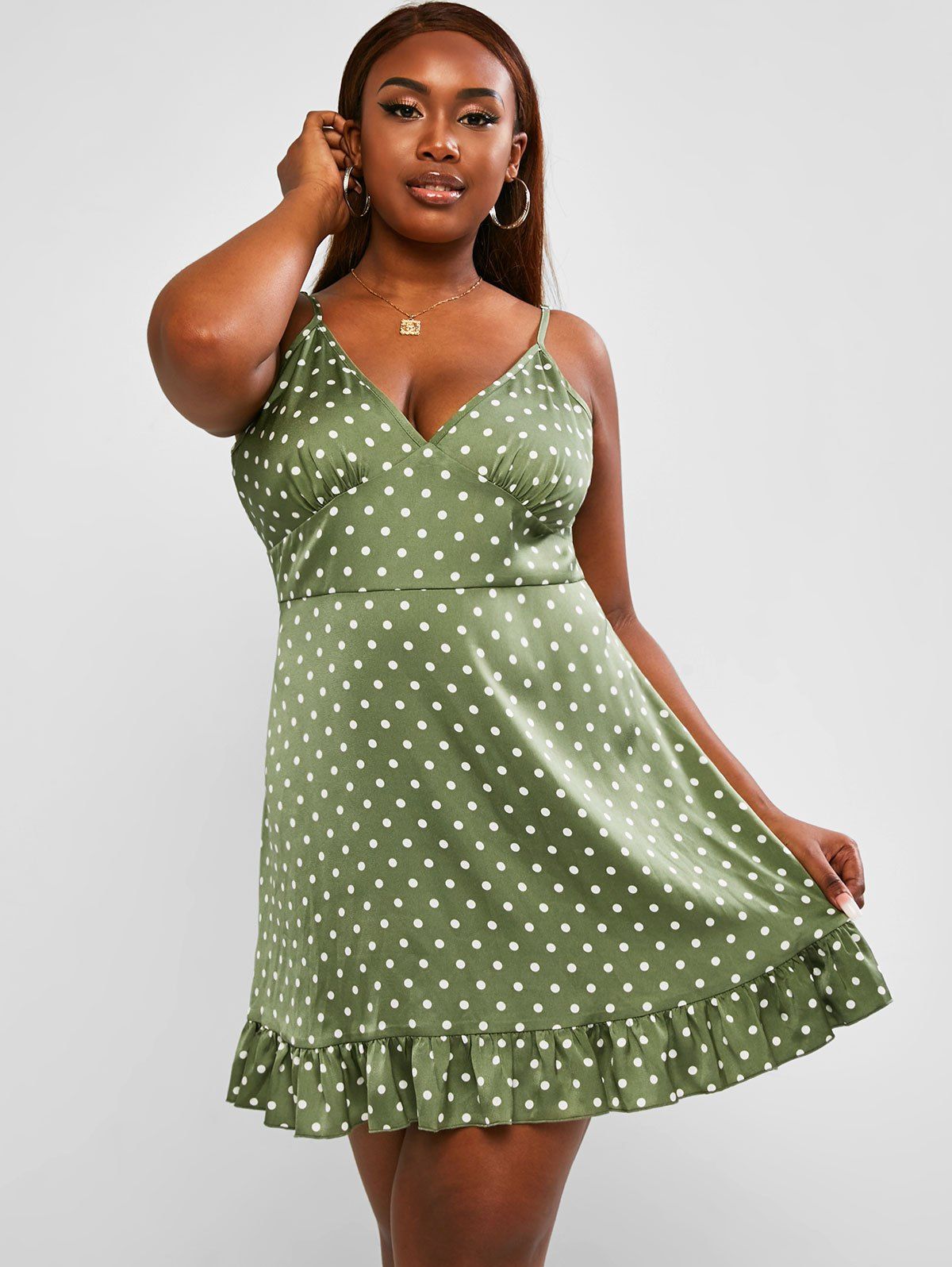 Plus Size Polka Dot Ruffled Hem Cami Dress - GREEN 4XL