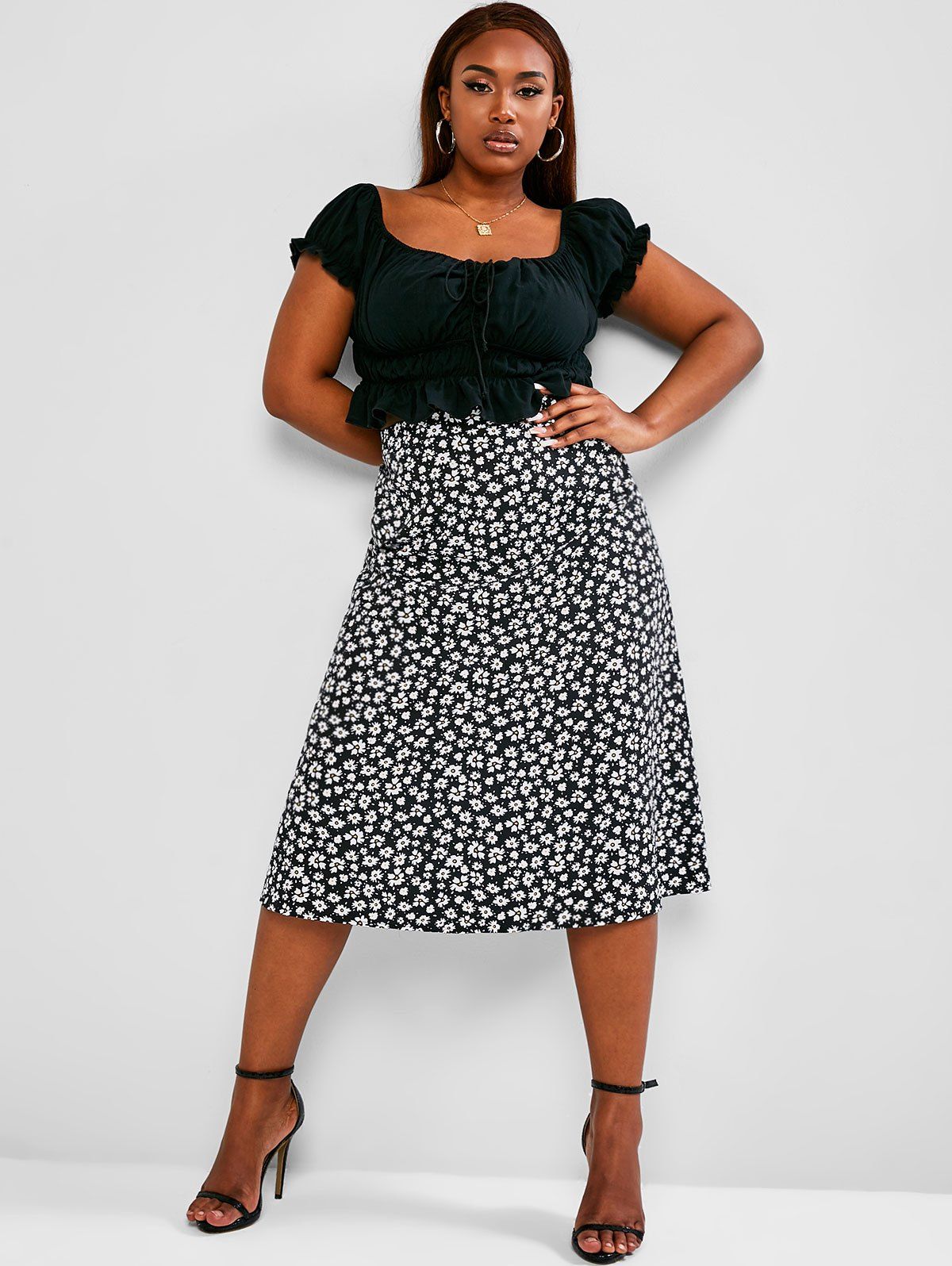 Plus Size Cinched Ruched Ditsy Print Two Piece Dress - BLACK L
