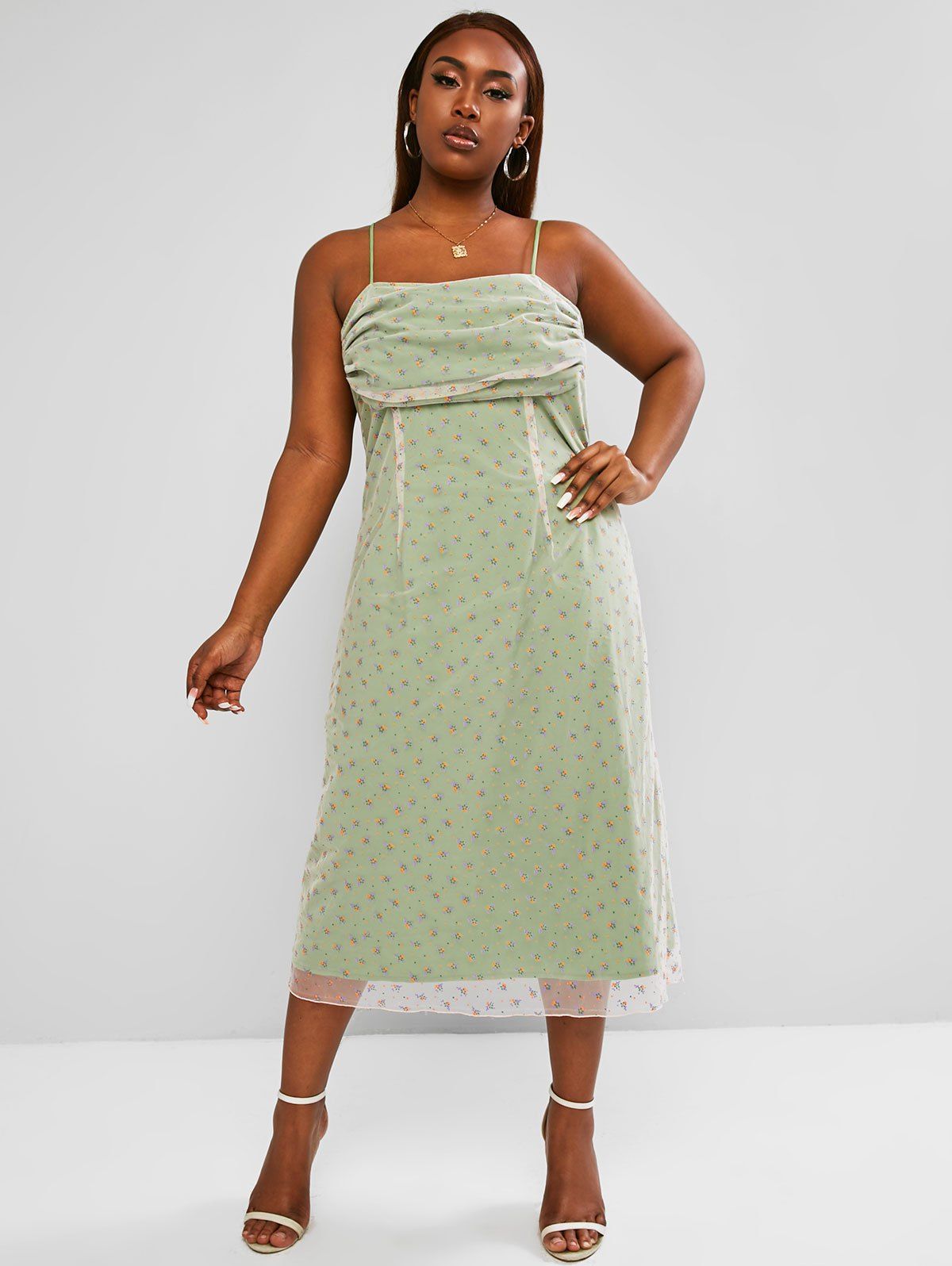 Plus Size Floral Mesh Double Layer Cami Dress - LIGHT GREEN L