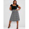 Plus Size Cinched Ruched Ditsy Print Two Piece Dress - BLACK L