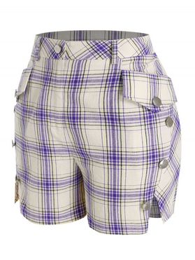 Plus Size Plaid Slit Mock Button Pocket Shorts