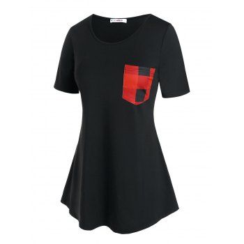 

Plus Size Pocket Plaid Longline T Shirt, Black
