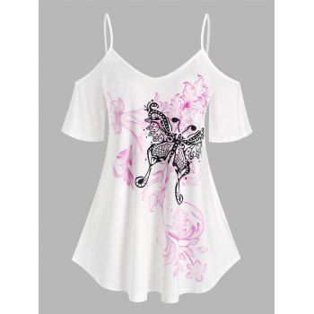 

Plus Size Butterfly Flower Print Open Shoulder T Shirt, White