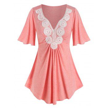 

Plus Size Lace Applique Flutter Sleeve T Shirt, Light orange