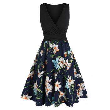 

Flower Pattern V Neck Surplice Dress, Multicolor